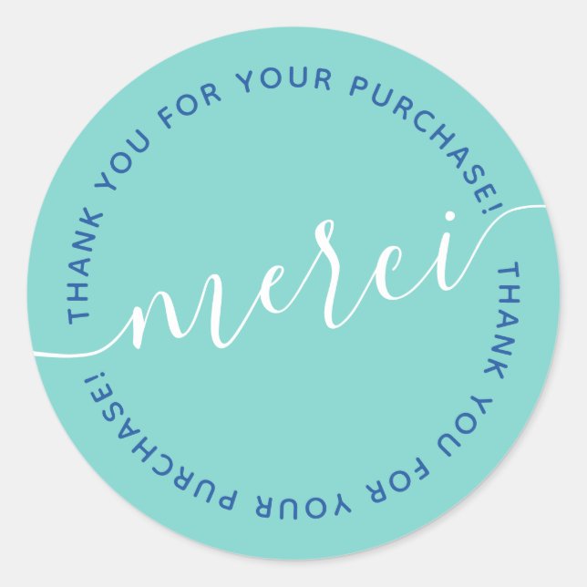 Stylish teal white french merci script thank you classic round sticker (Front)