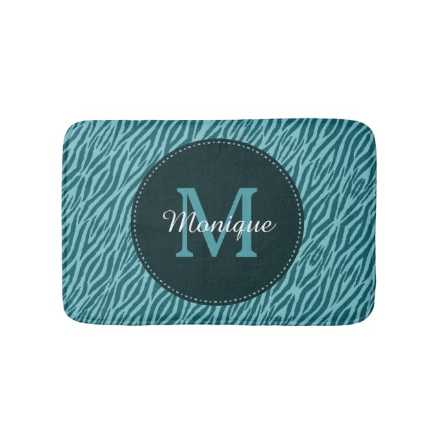 Stylish Teal Zebra Print With Monogram and Name Bath Mat (Front)
