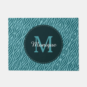 Stylish Teal Zebra Print With Monogram and Name Doormat