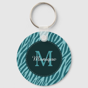 Stylish Teal Zebra Print With Monogram and Name Key Ring