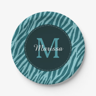 Stylish Teal Zebra Print With Monogram and Name Paper Plate