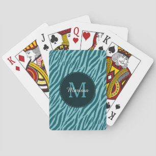 Stylish Teal Zebra Print With Monogram and Name Playing Cards