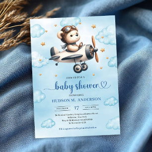 Stylish Teddy Bear Pilot Blue Gold Baby Shower  Invitation
