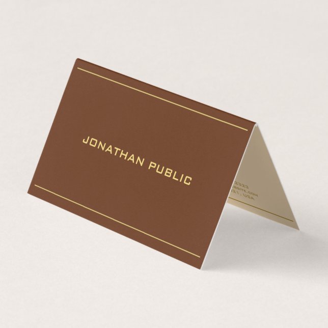 Stylish Template Gold Text Chocolate Brown Folded Business Card (Front)