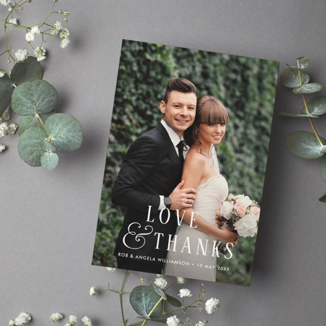 Stylish text bride & groom photo overlay wedding thank you card (Creator Uploaded)