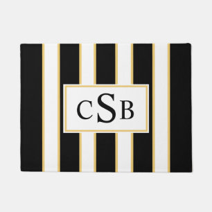 Stylish Three Letter Monogram  Black White Stripe Doormat