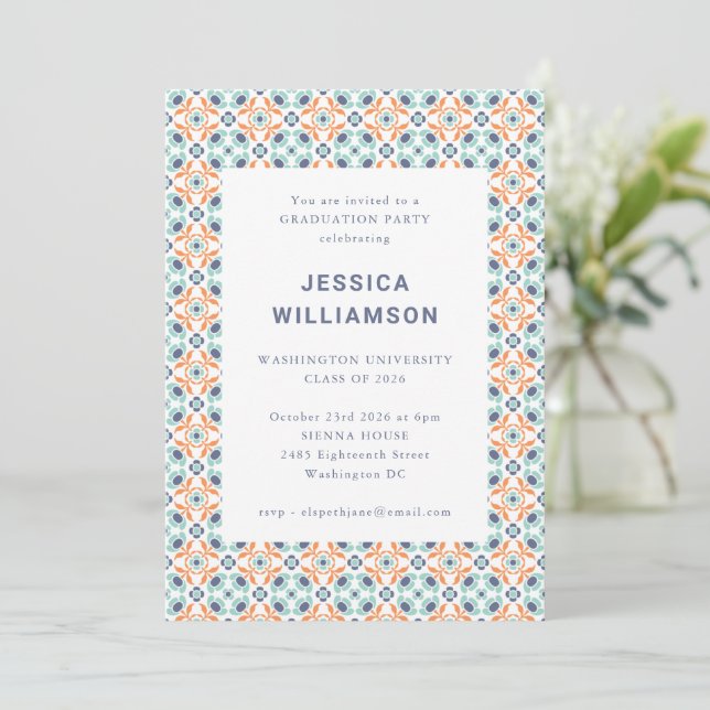 Stylish Tile Blue Orange Modern Graduation Party Invitation (Standing Front)