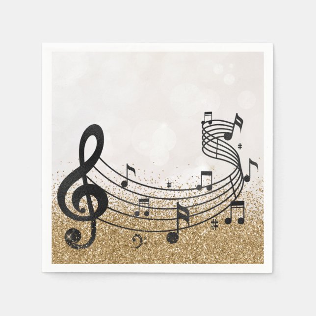 Stylish Treble Clef Musical Note Black GoldGlitter Napkin (Front)