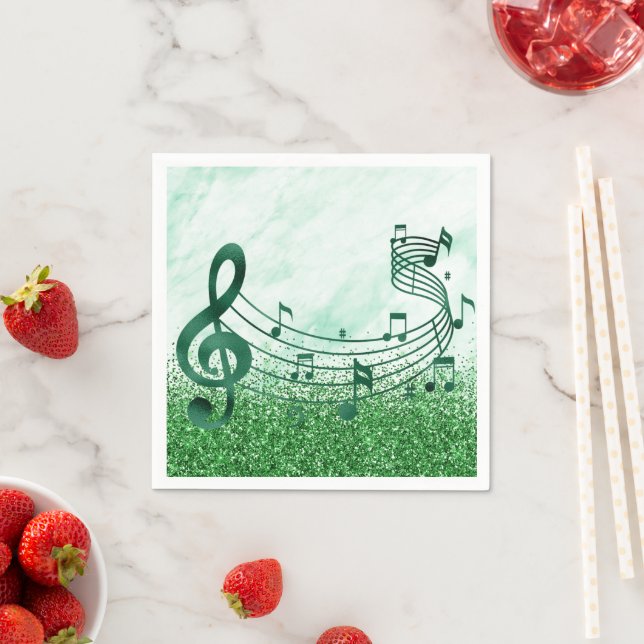 Stylish Treble Clef Musical Notes Green Glitter Napkin (Insitu)