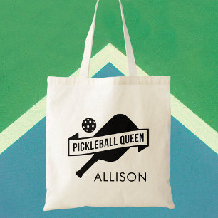 Stylish Trendy Black and White Pickleball Name Tote Bag