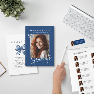 Stylish Trendy Blue Bows 2026 Graduate Photo Invitation
