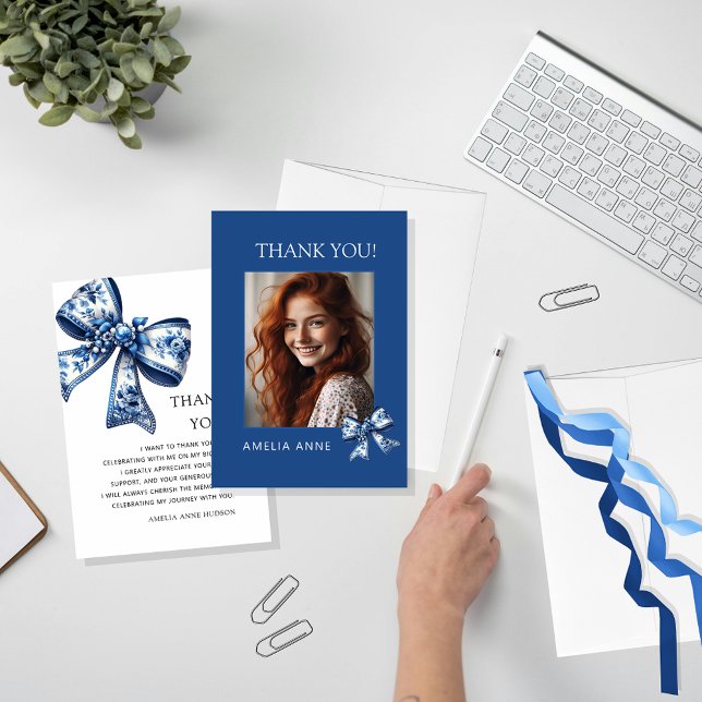 Stylish Trendy Blue Bows Graduation Photo Thank You Card (Creator Uploaded)