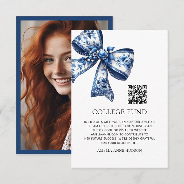 Stylish Trendy Blue Floral Bow Photo College Fund Enclosure Card (Front/Back)