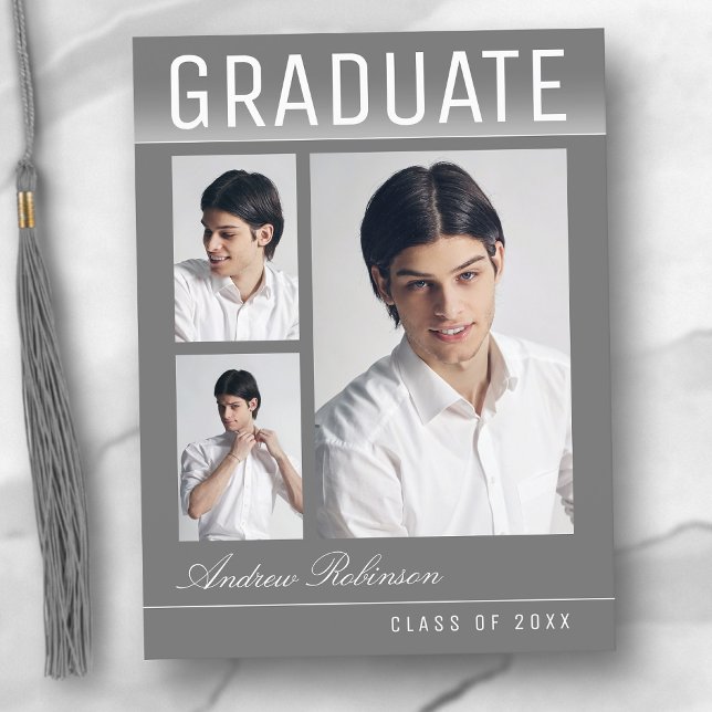 Stylish Trendy Chic 3 Photo Gray Graduation Postcard (Creator Uploaded)