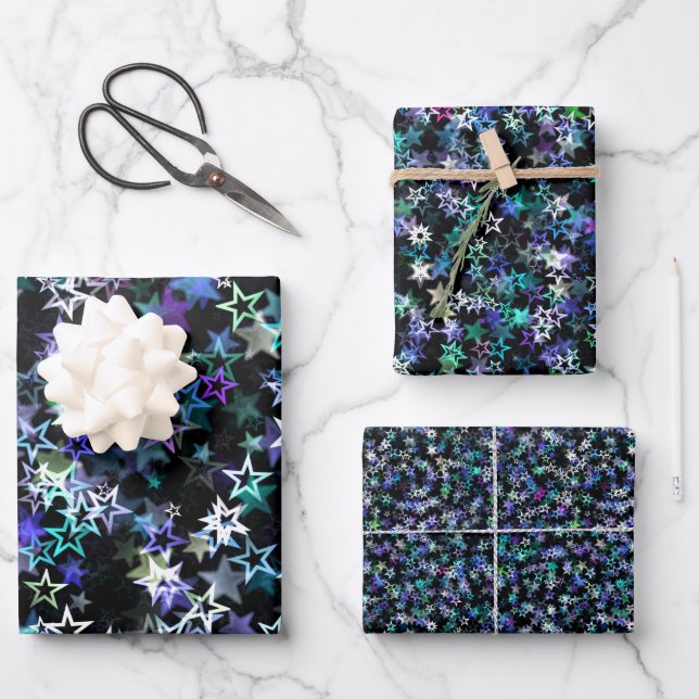 Stylish Trendy Cluster of Stars Theme Blue Purple Wrapping Paper Sheet (Front)