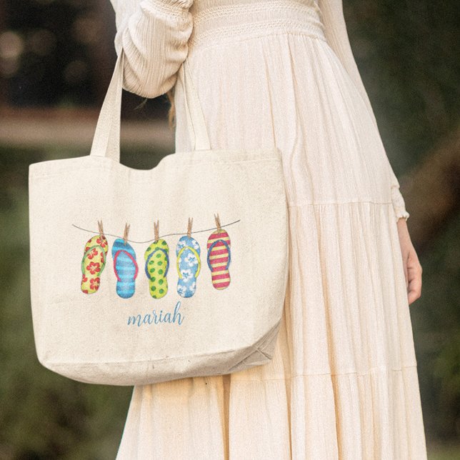 Stylish Trendy Cute Simple Beach Flip Flops Large Tote Bag (Flip Flops custom colorful tote bag. )