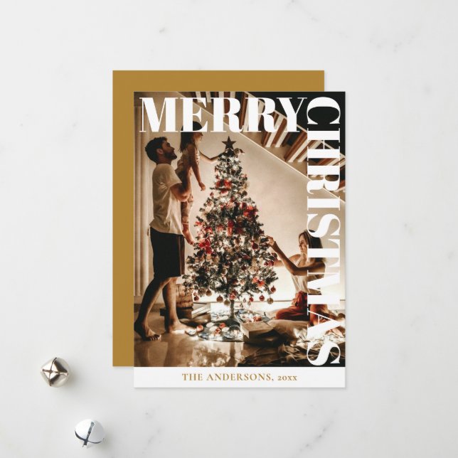 Stylish Trendy Family Photo | Gold Christmas Holiday Card (Front/Back In Situ)
