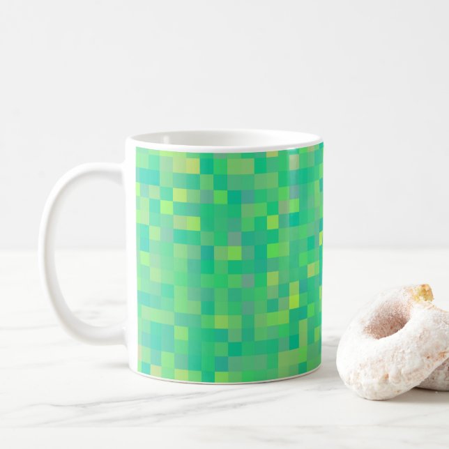 Stylish Trendy Green/Yellow Pixel Mosaic Pattern Coffee Mug (With Donut)