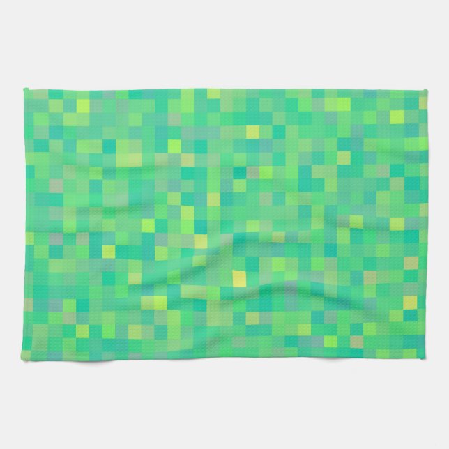 Stylish Trendy Green/Yellow Pixel Mosaic Pattern Tea Towel (Horizontal)