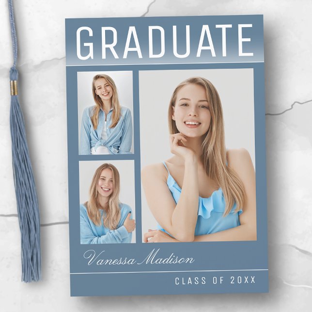 Stylish Trendy Modern 3 Photo Blue Graduation Announcement (Creator Uploaded)