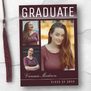 Stylish Trendy Modern 3 Photo Burgundy Graduation Announcement