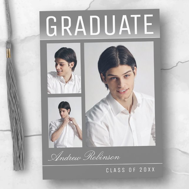 Stylish Trendy Modern 3 Photo Grey Graduation Announcement (Creator Uploaded)