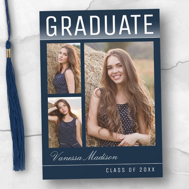 Stylish Trendy Modern 3 Photo Navy Blue Graduation Announcement (Creator Uploaded)