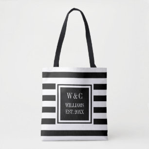 Stylish Trendy Monogram Black White Stripe Tote Bag