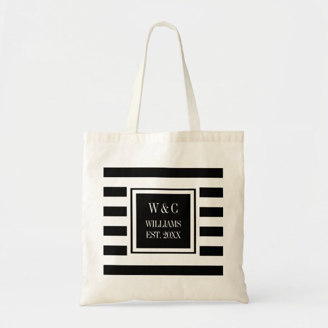 Stylish Trendy Monogram Black White Stripe Tote Bag (Front)