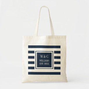 Stylish Trendy Monogram Navy Blue White Stripe Tote Bag