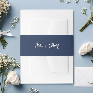 Stylish Trendy Navy Blue & White Wedding Invitation Belly Band