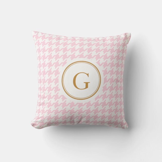 Stylish trendy pink houndstooth with monogram cushion (Front)