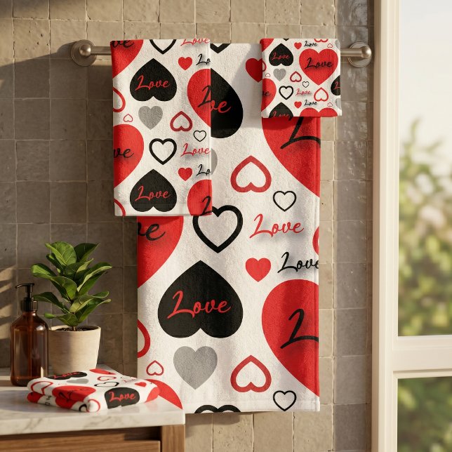 Stylish Trendy Red And Black Love Hearts Pattern Bath Towel Set (Creator Uploaded)