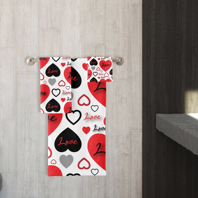 Stylish Trendy Red And Black Love Hearts Pattern Bath Towel Set (Creator Uploaded)