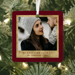 Stylish Trendy Red & Gold Christmas Couple Photo Metal Tree Decoration