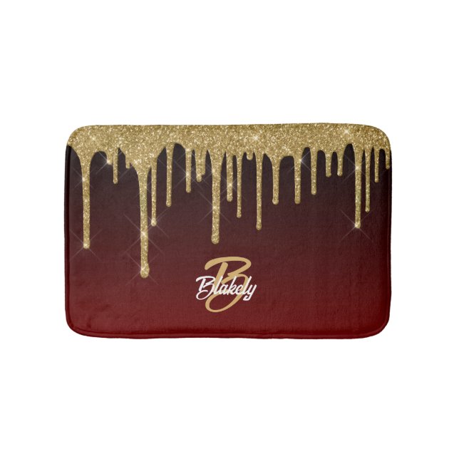 Stylish Trendy Red Gold Glitter Drip Monogrammed Bath Mat (Front)