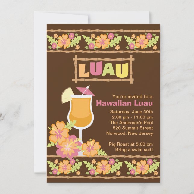 Stylish Tropical Drinks Hawaiian Luau Party Invitation (Front)