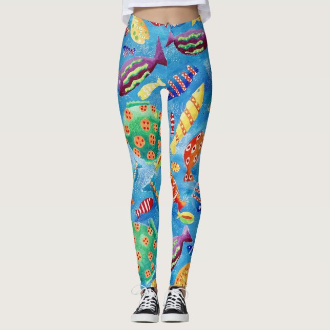 Stylish Tropical Fish Fun Patterned Leggings (Front)