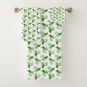 Stylish Tropical Green Leaves Pattern on White  Bath Towel Set