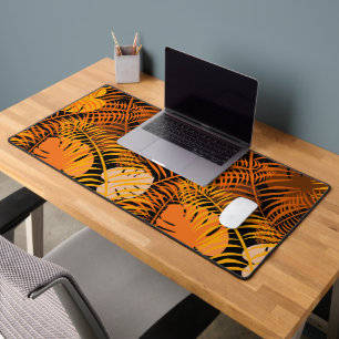 Stylish Tropical Leaf Orange Black Botanical Desk Mat