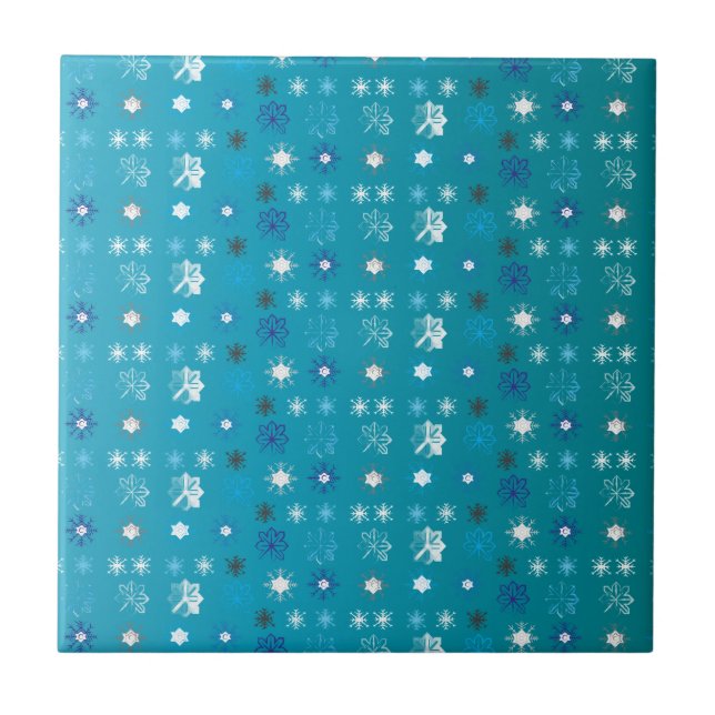Stylish turquoise and white, stars and snowflakes ceramic tile (Front)