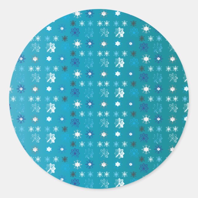 Stylish turquoise and white, stars and snowflakes classic round sticker (Front)