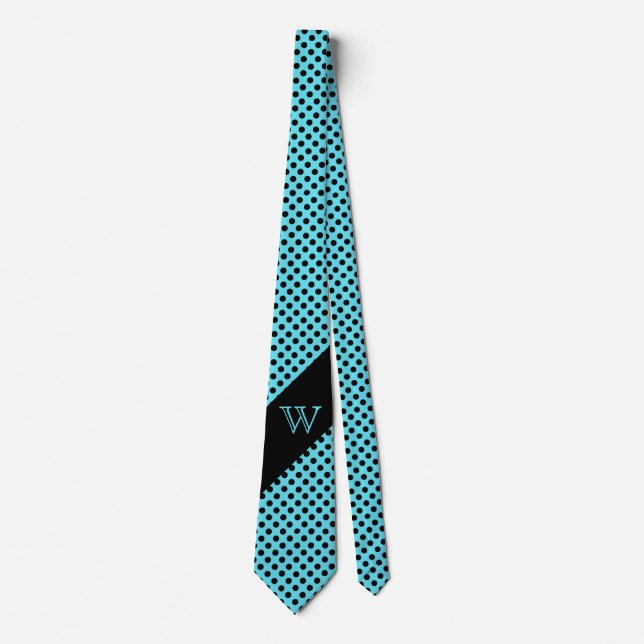 Stylish Turquoise & Black Polka Dot Monogram Tie (Front)
