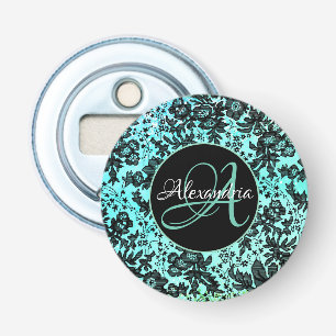 Stylish Turquoise Blue and Black Floral Monogram  Bottle Opener
