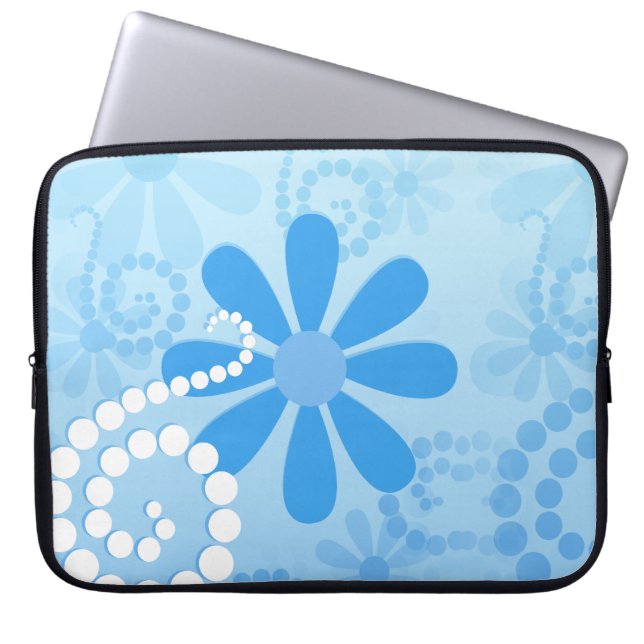 Stylish Turquoise Blue Floral Retro Daisy Flowers Laptop Sleeve (Front)
