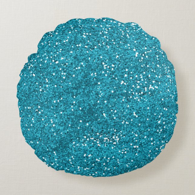 Stylish Turquoise Blue Glitter Round Cushion (Front)