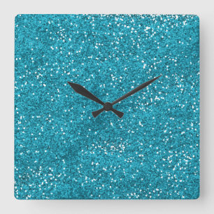 Stylish Turquoise Blue Glitter Square Wall Clock