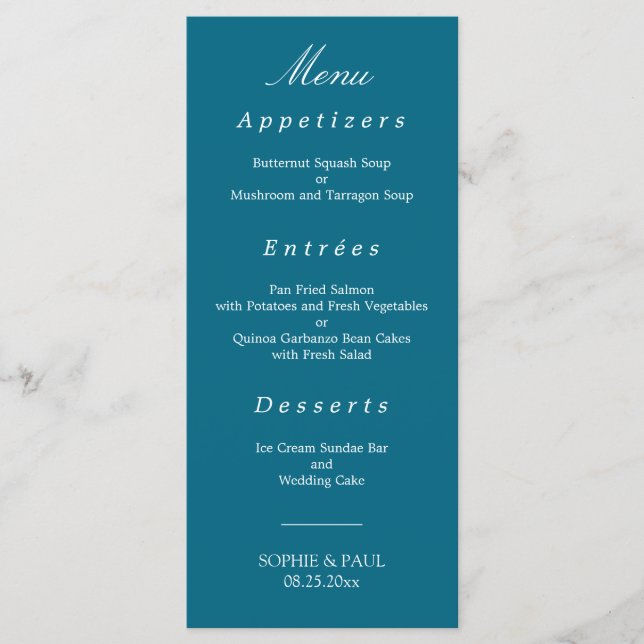 Stylish Turquoise Blue Wedding Menu (Front)