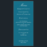 Stylish Turquoise Blue Wedding Menu<br><div class="desc">Stylish Turquoise Blue Wedding Menu, please personalise as required using the online Personalisation template before ordering. Once you have entered your wording onto the Personalisation template, should you find that you need to adjust the positioning of the text then please use the "Customise further" option to "Edit using the Design...</div>