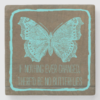 Stylish Turquoise Blue Wood Butterfly Quote Stone Coaster